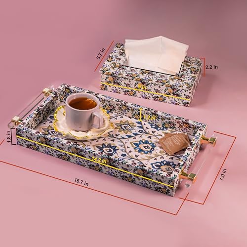 Image of Art Street Premium Serving Tray and Tissue Holder /Tissue Paper Case Dispenser Combo for Kitchen, Dining, Home and Office (Flowers Printed, Tray Size 8x17 Inch, Tissue Holder 6x9 Inch)