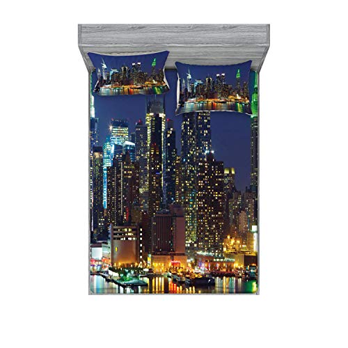 Ambesonne New York Fitted Sheet & Pillow Sham Set, NYC Midtown Skyline in Evening Skyscrapers Metropolis City States Photo, Decorative Printed 3 Piece Bedding Decor Set, Calking, Royal Blue