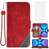 Asuwish Compatible with Huawei Honor 8X Wallet Case and Tempered Glass Screen Protector Leather Flip Cover Lanyard Card Holder Stand Cell Accessories Phone Cases for Hawaii Honor8X X8 Women Men Red