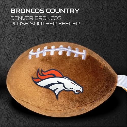 Image of Denver Broncos Plush Football Pacifier Holder by Smilo - Officially Licensed NFL Soother Holder - Soft Plush Toy and Dummy Holder - Fits Any Pacifier - Stroller Accessory & Newborn Essential