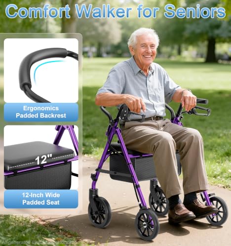 Image of HOMLAND Foldable Walkers for Seniors with Seat, 16lb Light Rollator Walkers