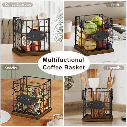 Image of YINMIT K Cup Holder Organizer, Rustic Coffee Pod Holder Organizer, 35 Kcup Holder for Counter with Handle，Large Capacity Black Wire Coffee Capsule Basket for Kitchen Office Desktop (Square Grid)