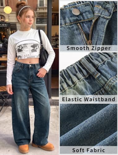 Image of Jeans for Girls Baggy Wide Leg High Waisted Y2K Denim Pants 7-14Y