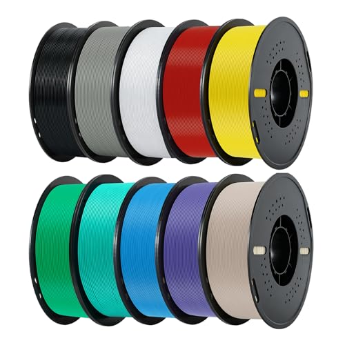 Image of Kingroon 1.75mm PLA Filament 10KG Bundle 10x1KG Spools, Dimensional Accuracy + /- 0.02mm, Tangle-Free 3D PLA Multi-Color Pack (Black+White+Grey+Red+Yellow+Forest Green+Blue+Skin+Purple+Turquoise Green)