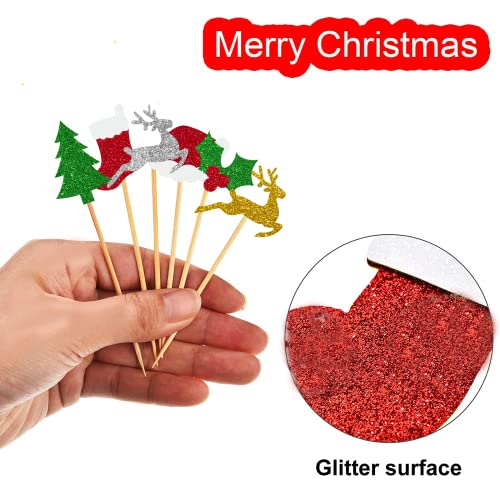 Akicoo B0BJ1VRSZ7 60Pcs Christmas Cupcake Toppers Glitter Cake Decorations Toothpick Flags Santa Claus Tree Fruit Hats Socks Christmas Fawn Theme Party Cake Toppers Picks thumb #4