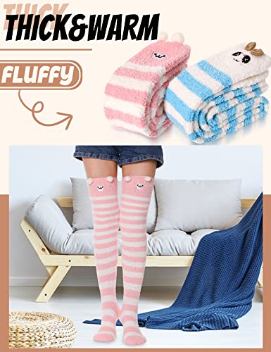 Image of MOGGEI Womens Thigh High Fuzzy Socks Warm Winter Over Knee High Long Striped Fluffy Cozy Fleece Socks 2 Pairs