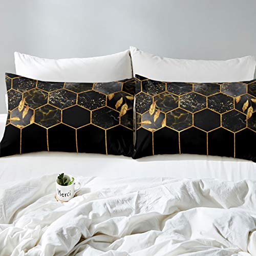 Marble Duvet Cover King, Black Grey Geometric Gold Plaid Bedding Set, Modern Luxury Diamond Comforter Cover With Metallic Stripe Printed Beehive Hexagon Grid Quilt Cover With Pillow Shams,Honeycomb #TOP1