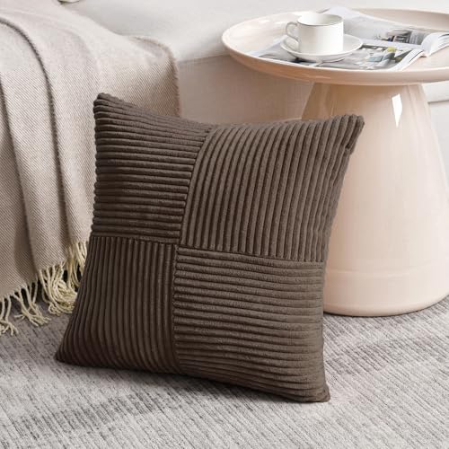 Image of Fancy Homi 2 Packs Dark Brown Decorative Throw Pillow Covers 16x16 Inch for Living Room Couch Bed Sofa, Rustic Farmhouse Boho Home Decor, Soft Corss Patchwork Corduroy Textured Cushion Case 40x40 cm