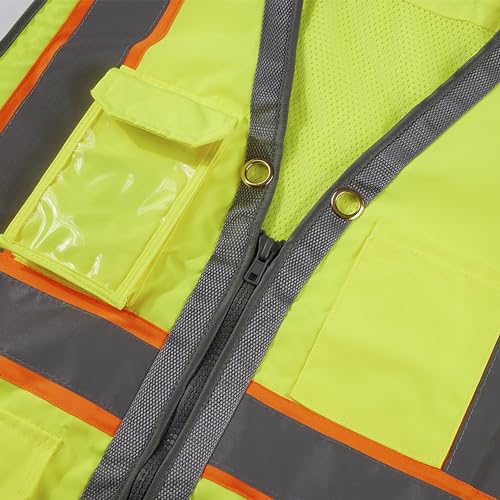 SV2700, Class 2, Hi-Vis Neon Green/Yellow Zipper Safety Vest Reflective Strips w/Orange Binding, 9 Pockets (IPAD)4