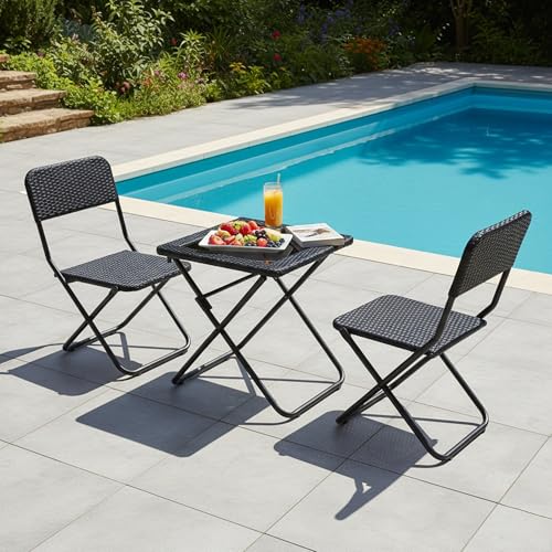 Image of DEVOKO Foldable 3-Piece Outdoor Patio Wicker Furniture Set with Glass Top Table, All-Weather HDPE Rattan, Rustproof Metal Frame for Garden, Balcony & Lawn (Black)
