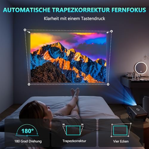 Beamer 4K Heimkino mit 500 ANSI Lumen, Native 1080P, unterstützt 4K, Auto Fokus und Trapezkorrektur, WiFi 6 und Bluetooth 5.0, Smart Beamer 4K für Schlafzimmer und Heimkino