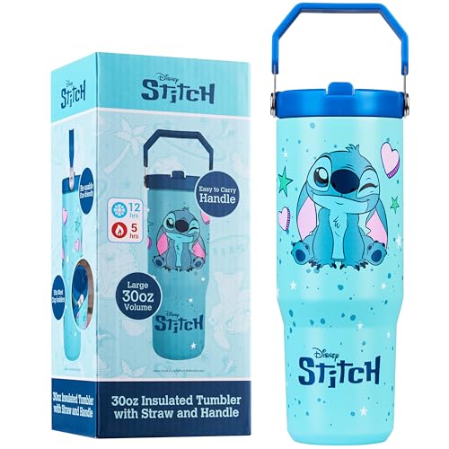 Get Trend Disney Stitch Tumbler with Straw 30oz Kids Teens Insulated Cup with Lid Handle Travel Mug Cups with Lids for School Sports Gifts for Kids (Blue Stitch)