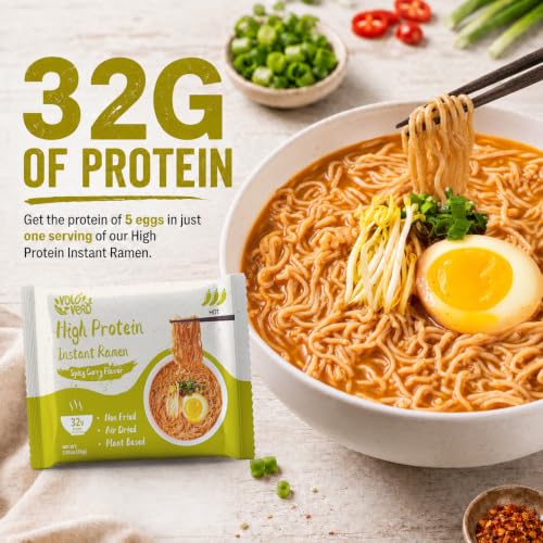 Image of VOLO VERO High Protein (32g) Instant Ramen Noodles inchSpicy inch Curry Flavor Soup, 8 Pack, Vegan, Plant-Based, Low Fat, Non-Fried, Dairy-Free, Egg-Free, Non-GMO, Tasty Healthy Meal