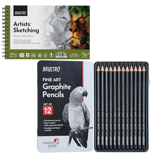 Image of Brustro Drawing & Sketching Wiro Pad,5x7 inches,160 GSM,30 Sheets with Graphite Pencil Set of 12 (10B-2H) Tin Box. Sketch and Gift