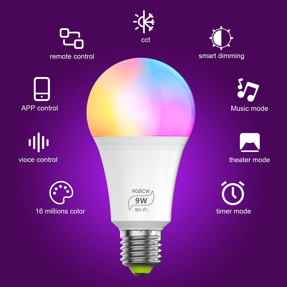 Bombilla inteligente Wifi Alexa E27, funciona con Alexa y Goole Home, no requiere concentrador (9W regulable, color RGB blanco 2700K-6500K, WiFi de 2.4GHz) (paquete de 4)