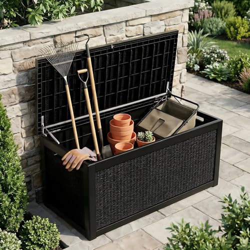 Image of 265 Gallon Resin Deck Box Outdoor Storage Chest, Large Waterproof Patio Storage Box, All-Weather Garden Storage Container for Cushions, Pool Supplies, Yard Tools - Easy Assembly, Lockable Lid