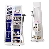 Dystler 360° Swivel Jewelry Cabinet with 3 Color LED Light,Full Length Mirror 4 roller,Foldable Makeup Shelf&Built-in,Large Capacity Organizer,Lockable Standing Armoire, 6288-White (LY-6288A-8)
