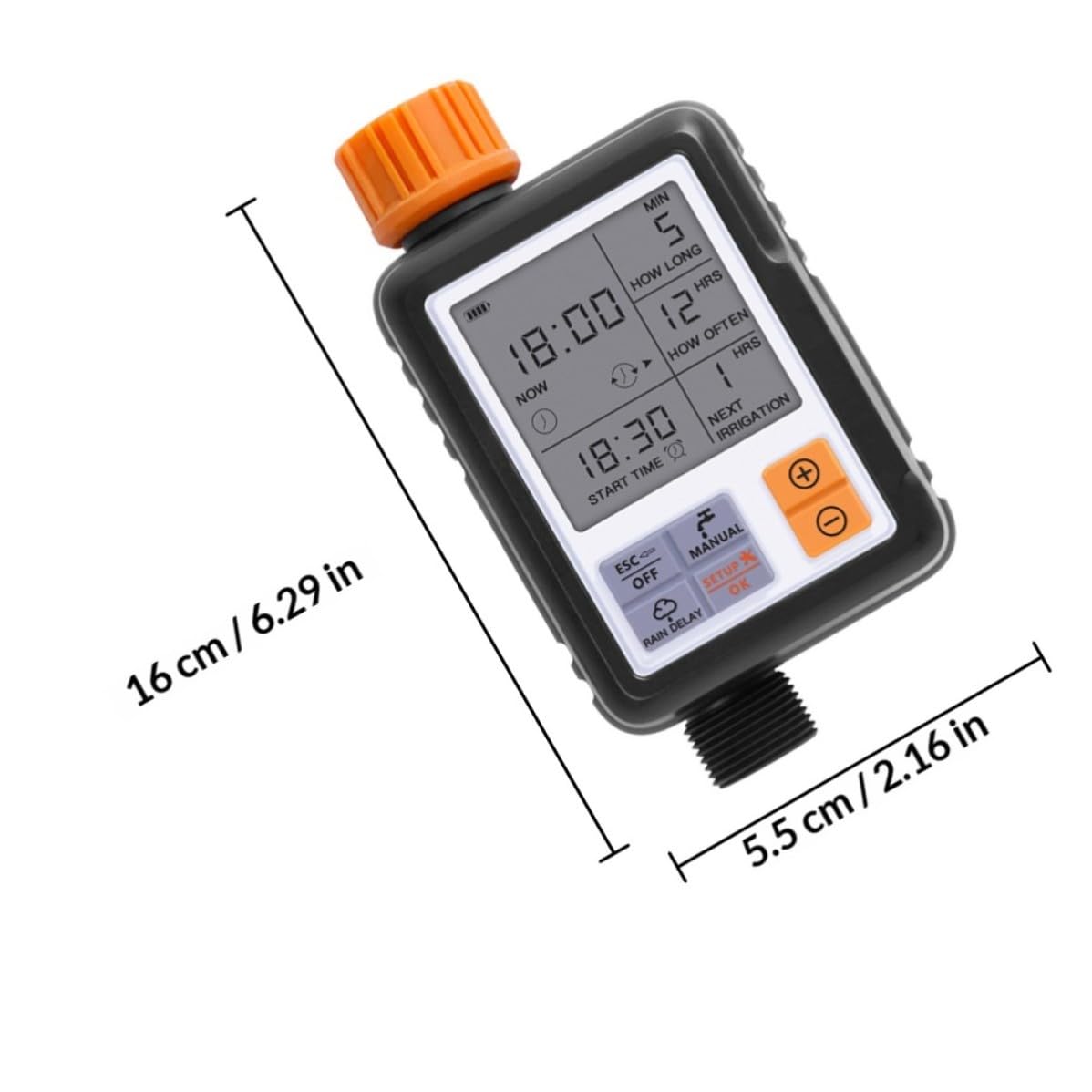 Temporizador de Riego Digital de 1 Juego Pantalla y Controlador | Plástico Negro, Entrada Rosca Interna 3/4 y Salida Rosca Externa 3/4, Protección Ip65 y Pilas Aa No Incluidas
