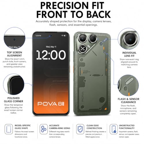 Image of FIRST MART Tempered Glass Camera Lens for Tecno Pova 8 With Installation Kit | Militry-Grade Gorilla Screen Guard & Black Metal Camera Rings Lens Protector | Edge to Edge Coverage | Black