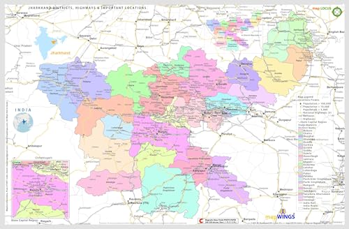 DURABLE MAGNETIC Paper Map of JHARKHAND with District Boundaries, Towns, Highways & Rail with Map-Legend, Size 18 X 11 inches ~ A3 SIZE LANDSCAPE