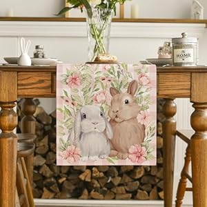 Artoid Mode Bunny Rabbit Flowers Leaves Pink Buffalo Plaid Easter Table Runner, Spring Kitchen Dining Table Decoration for Home Party Decor 13x72 Inch Artoid Mode Bunny Rabbit Flowers Leaves Pink Buffalo Plaid Easter Table Runner Spring Kitchen Dining Table Decoration for Home Party Decor 13×72 Inch