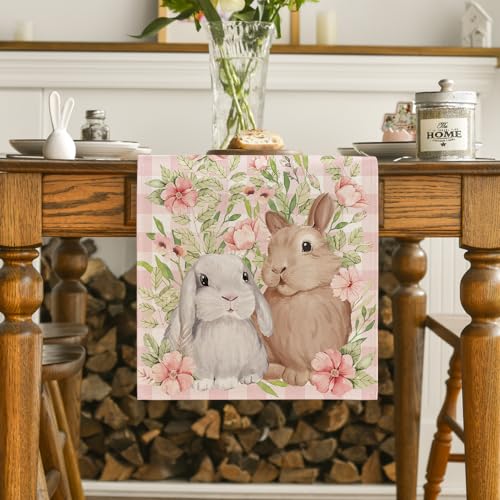 Artoid-Mode-Bunny-Rabbit-Flowers-Leaves-Pink-Buffalo-Plaid-Easter-Table-Runner-Spring-Kitchen-Dining-Table-Decoration-for-Home-Party-Decor-13×72-Inch Artoid Mode Bunny Rabbit Flowers Leaves Pink Buffalo Plaid Easter Table Runner Spring Kitchen Dining Table Decoration for Home Party Decor 13×72 Inch