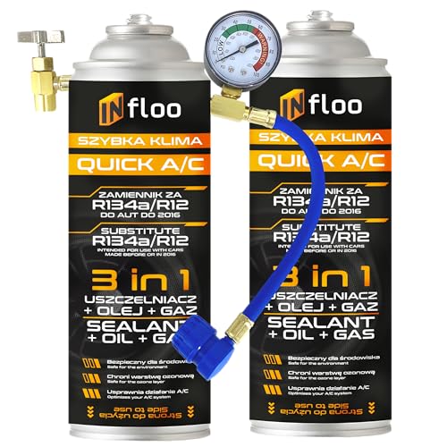 INfloo Quick A/C 2× R134a 3-in-1 Kältemittel + Öl + Dichtmittel + Füllschlauch mit Manometer + Handschuhe | Für Fahrzeuge bis 2016 | Ersatz für...