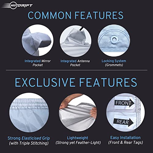 Image of NEODRIFT 'SilverTech' All Weather Protection Car Cover for Tata Zest - Dust, Waterproof, Durable Cover - Triple Stitched Elastic Grip with Mirror and Antenna Pocket - Silver