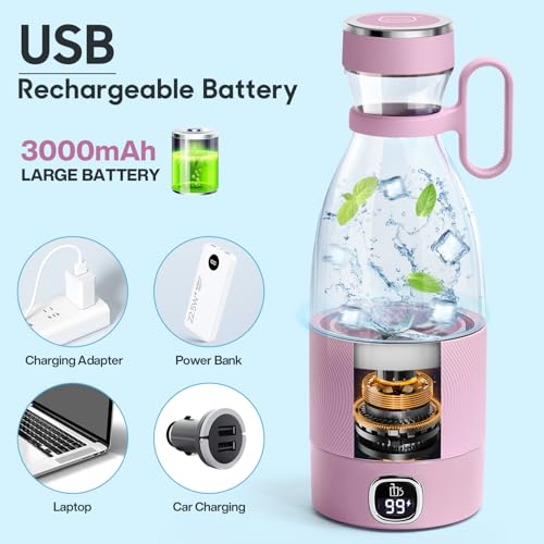 Image of 350ml Portable Blender, Fresh Juice Blender for Shakes & Smoothies-Pink | For Juice Shakes and Smoothies,with Led Display Usb Rechargeable,3000mAh Rechargeable Battery,for Home Sport Outdoor Travel