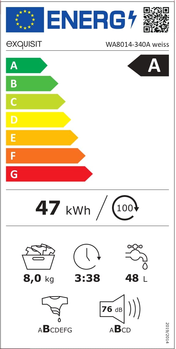 Exquisit Lavatrice WA8014-340A bianca | Lavatrice 8 kg | Efficienza energetica A | 16 programmi di lavaggio | Sicurezza bambini | Scelta orario di inizio