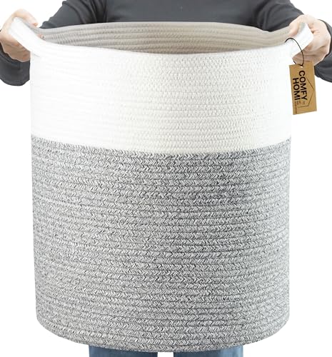 Image of COMFY-HOMI XXL Large Laundry Basket with Handles Blanket Baskets Living Room|Woven Cotton Rope Decorative Basket Laundry Hamper Baby Basket Nursery Dog Toy Storage Organizer Bin-16”x18”-White Grey