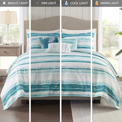 Image of Madison Park Marina Comforter Quilt Combo Set - Modern Luxury Design, All Season Down Alternative Bedding, Matching Shams, Decorative Pillows, King /Cal King(104 inchx92 inch), Aqua 8 Piece