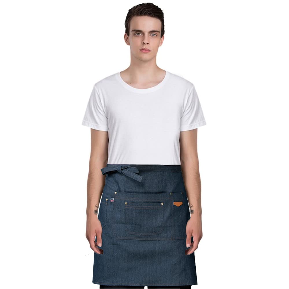 TOPTIE Denim Half Apron, Waist Apron, Unisex Waitress/Waiter Apron for Restaurant Cafe, Hotel, Bar-Denim