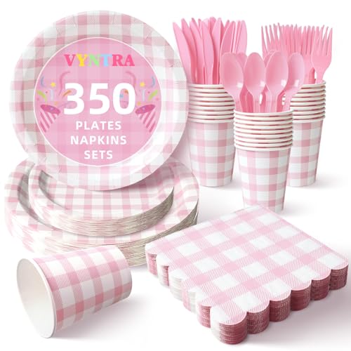 Vyntra 350 Pcs Pink Gingham Paper Plates and Napkins Set for 50 9 Dinner Plates & 7 Dessert Plate Baby Girl Shower Birthday Party