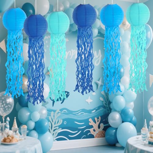 Image of Set of 6 Hanging Jellyfish Paper Lanterns Blue Jellyfish Decor for The Sea Ocean Party, Mermaid Birthday Decoration, Baby Shower, Nautical Events (Blue)