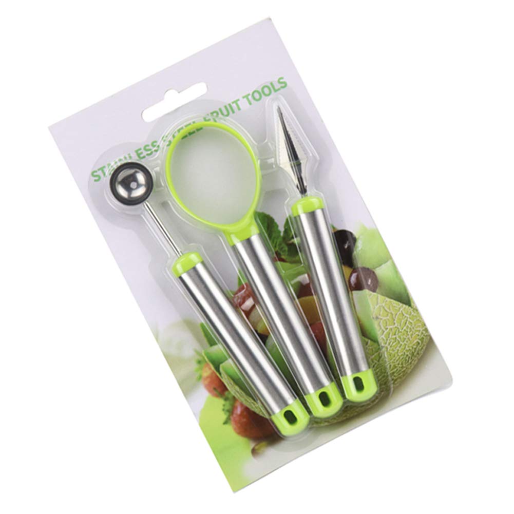 3 In 1 Melon Baller Fruit Carving Knife Fruit Scoop Kitchen Tool Set (Pink)