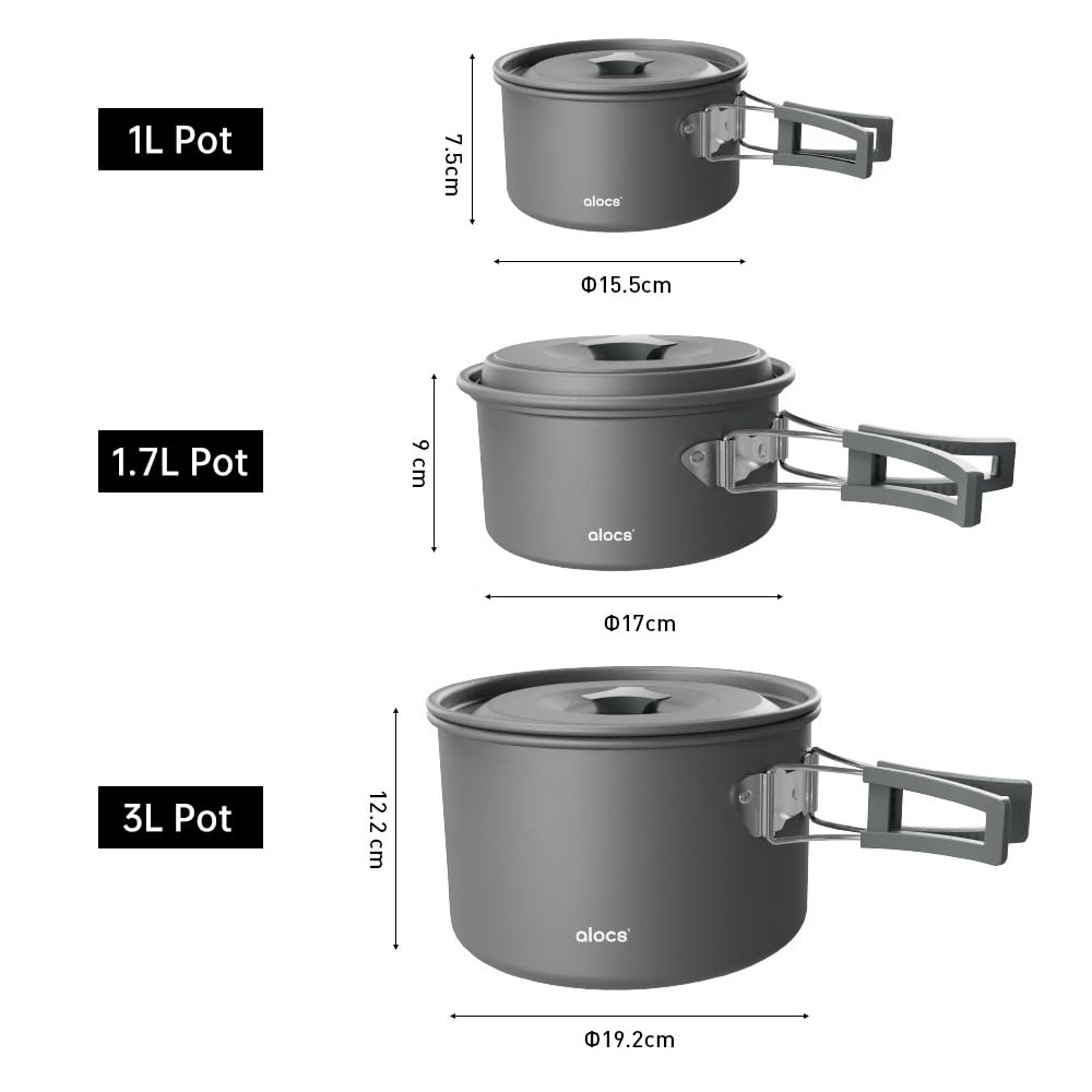 Camping Topf, Aluminiumlegierung Camping Kochtopf, Camping kochgeschirr 1L/1.7L/3L (optional), Outdoor Geschir Set mit Deckel und faltbarem Griff, für Camping Picknick Wandern