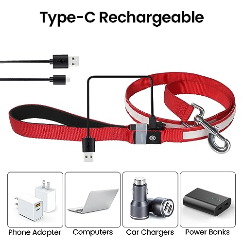 MASBRILL LED Hundeleine, Leuchtend für Kleine, Mittel Große Hunde, Wiederaufladbar &, 3 Beleuchtungsmodi 5 Farben Erhältlich, Glühen im Dunkeln Sicherheit Nachtwandern (Rot)