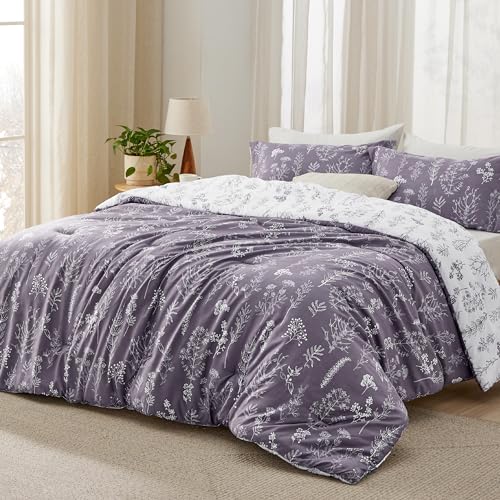 Image of Bedsure Full Comforter Set - Grayish Purple Bed Set, 3 Pieces Cute Floral Bedding, 1 Soft Reversible Botanical Flowers Comforter and 2 Pillow Shams