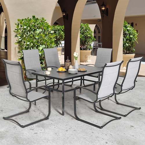 Image of NUU GARDEN 7 Piece Outdoor Dining Set, 6 Textilene Dining Chairs and 61 inch Rectangular Dining Table with 1.57 inch Umbrella Hole, for Backyard, Patio, Garden, Gray and Black