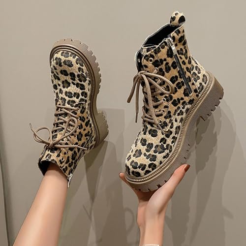 Combat Boots Womens,Leopard Boots for Women,Women's Lace up Y2K Ankle Combat Boots Chunky Fashion Booties Shoes,Platform Cheetah print Boots for Women,Women's Combat Boots Dressy3