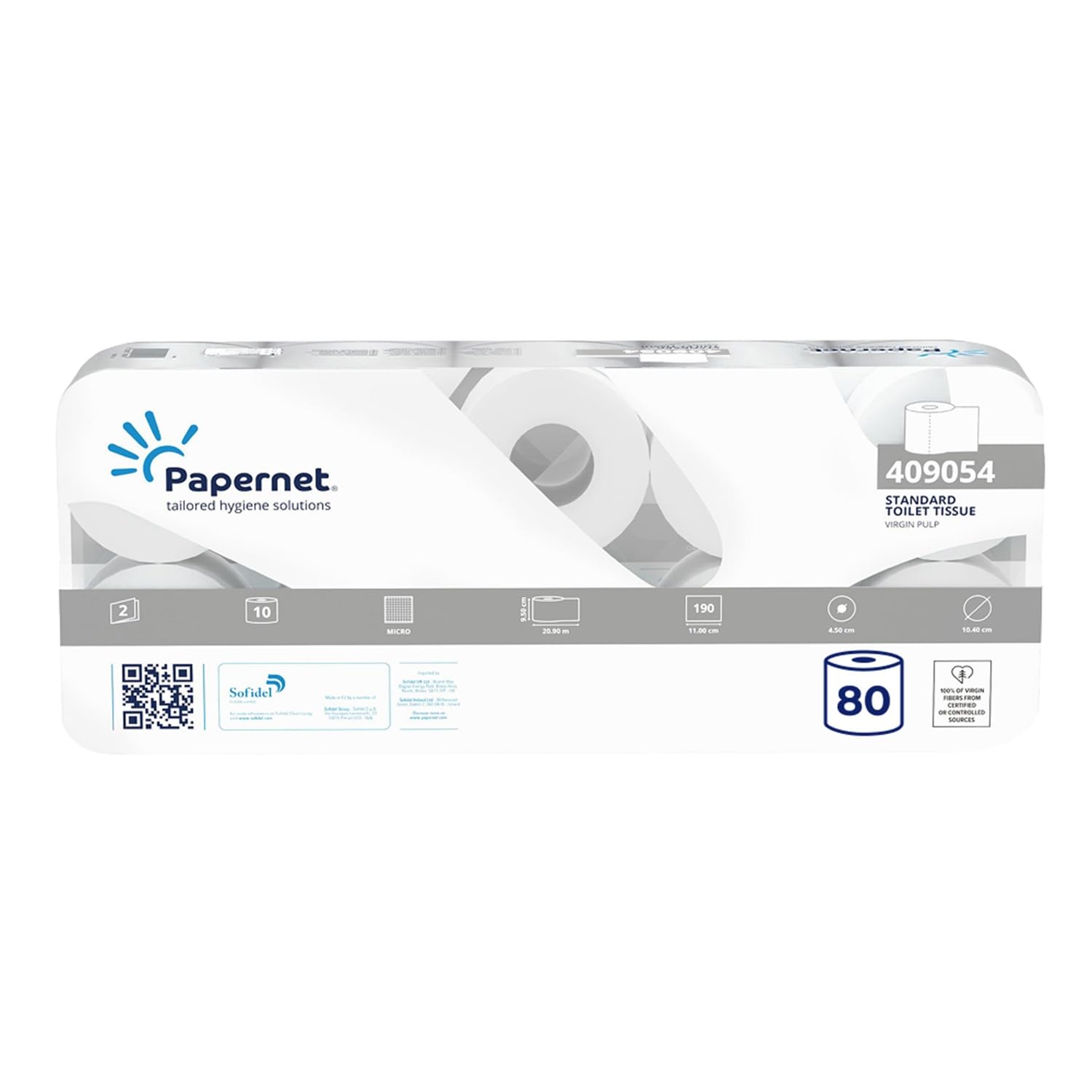 Papernet - Carta Igienica 409054, 80 Rotoli Realizzati in Pura Cellulosa, Lunghezza 20,​9m, 190 Strappi per Unità, Diametro 11 cm, Anima 4,​5 cm, Bianco