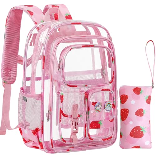 Image of Clear Backpack for Kids, Strawberry Backpack for Girls, Water-Resistant See Through Bookbag with Chest Strap for Preschool Kindergarten College Travel Stadium Work Concert