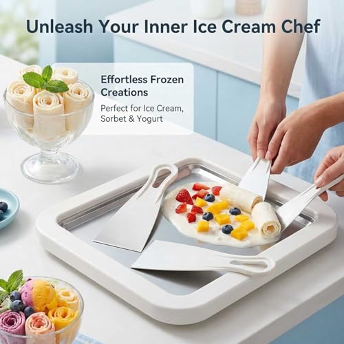 Image of Rolled Ice Cream Maker Kit, DIY Ice Cream Roll Tray with 2 Scrapers, No Electricity Required, Stainless Steel Freezing Plate for Rolled Ice Cream, Frozen Yogurt, Sorbet (White)