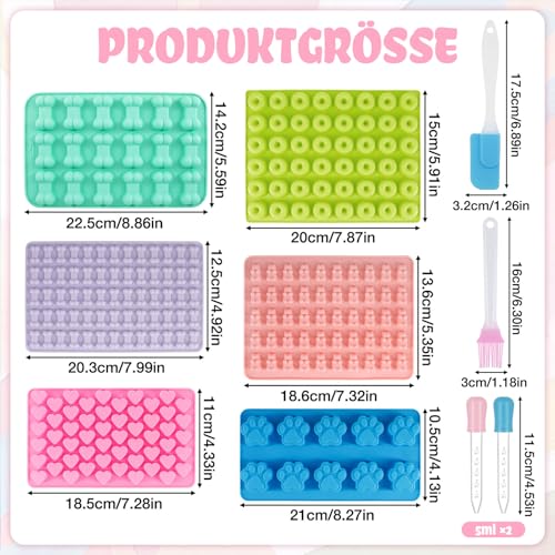 ZYNERY 6 Stück Gummibärchen Form Silikon mit Tropfpipette Backpinsel, Mini Backmatte Hundekekse Backform Herzen Donut Knochen Pfote Eiswürfelform für DIY Hundeleckerlies Bonbon zum Selber Machen
