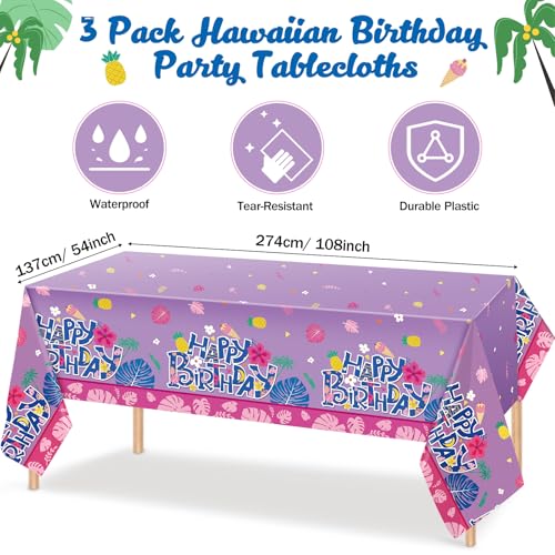 Image of Oudain 3 Pcs Cartoon Birthday Party Disposable Tablecloth Decoration Hawaiian Hibiscus Tropical Leaves Pattern Table Cloths 108'' x 54'' Luau Plastic Waterproof Rectangular Covers for Party (Purple)