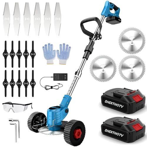 SHDITHOTV 21V Cordless String Trimmer & Edger, 3-in-1 Grass Cutter with 2.0Ah Batteries, 3 Blades