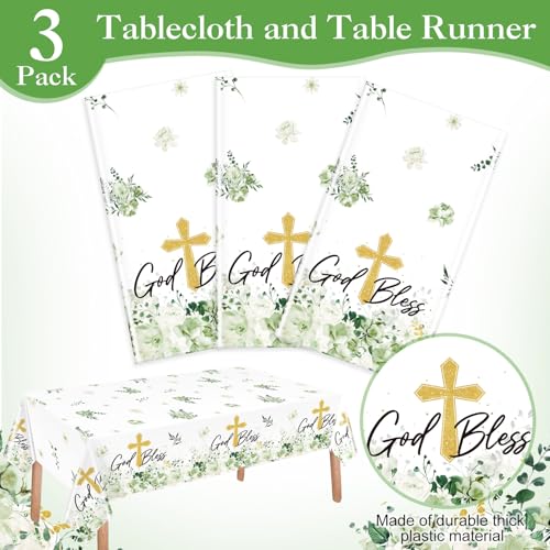 Image of Ganeen 3 Pcs Green God Bless Baptism Tablecloth Disposable Plastic Table Covers First Holy Communion Waterproof Tablecloths for Christening Celebration Baby Shower Religious Decor, 54 x 108 Inch