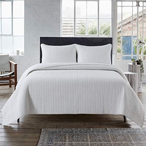 Soul & Lane Ticking Stripe Queen Comforter Set (Shams Sold Separately): Country Queen Quilt Bedding, Queen Blanket, Farmhouse Cotton Blanket, White Quilt, Bedding Sets Queen Size x Erica Mueller