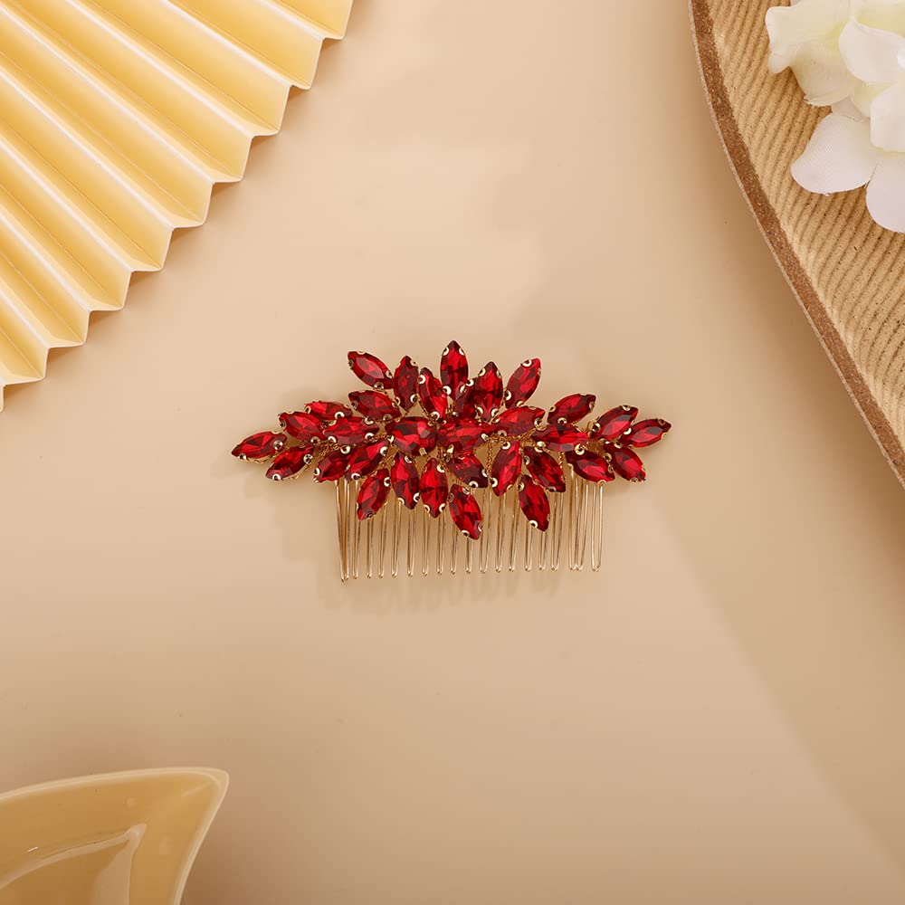 Crystals Hair Comb for Bride for Women for Girls Cute Teardrop Hair Comb Slide Multi-Color RED - Image 2